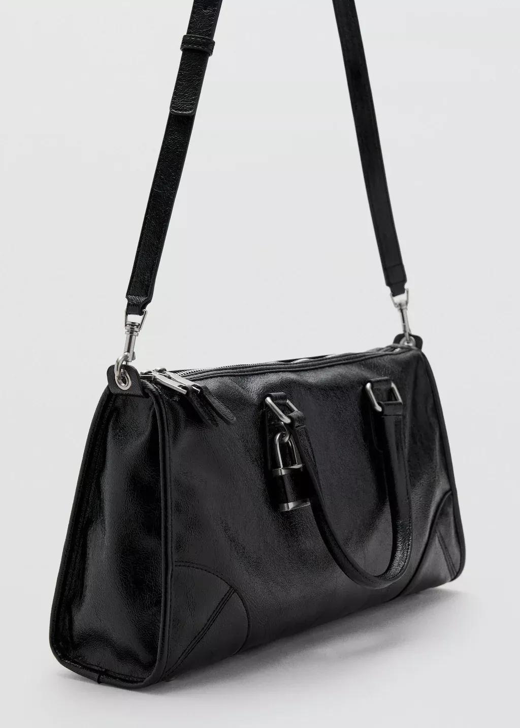Black Shiny Handbag With Handles, Black, medium