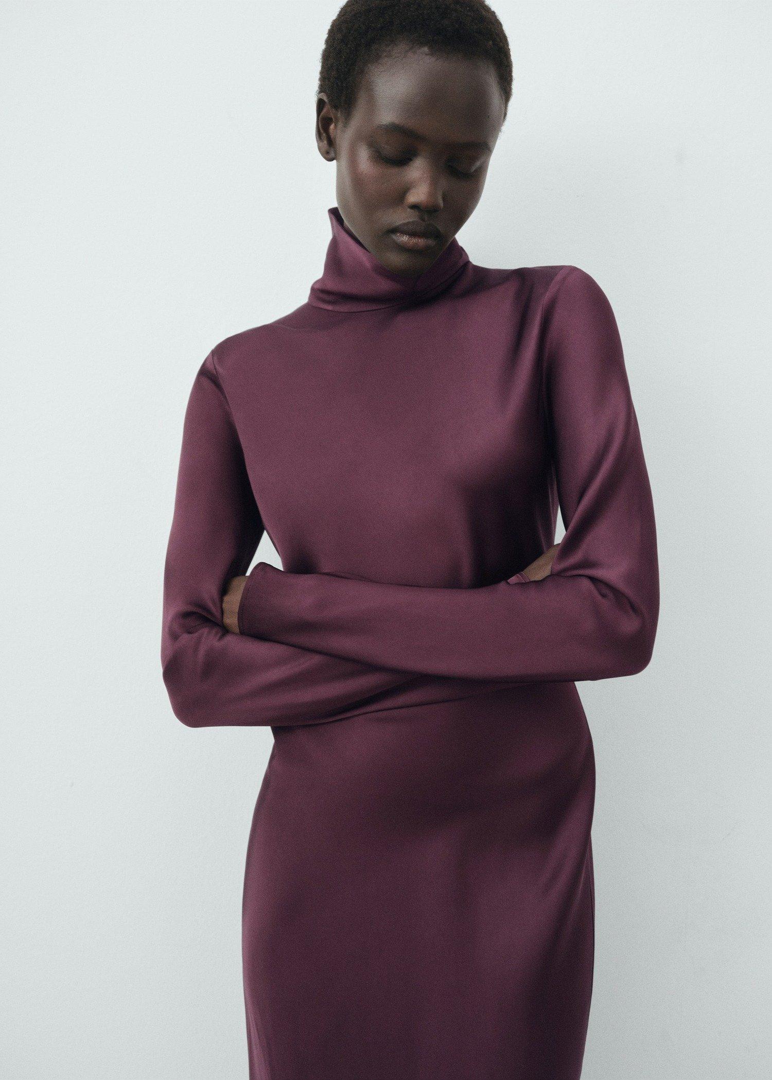 Burgundy High-Neck Satin Dress, , large image number 0