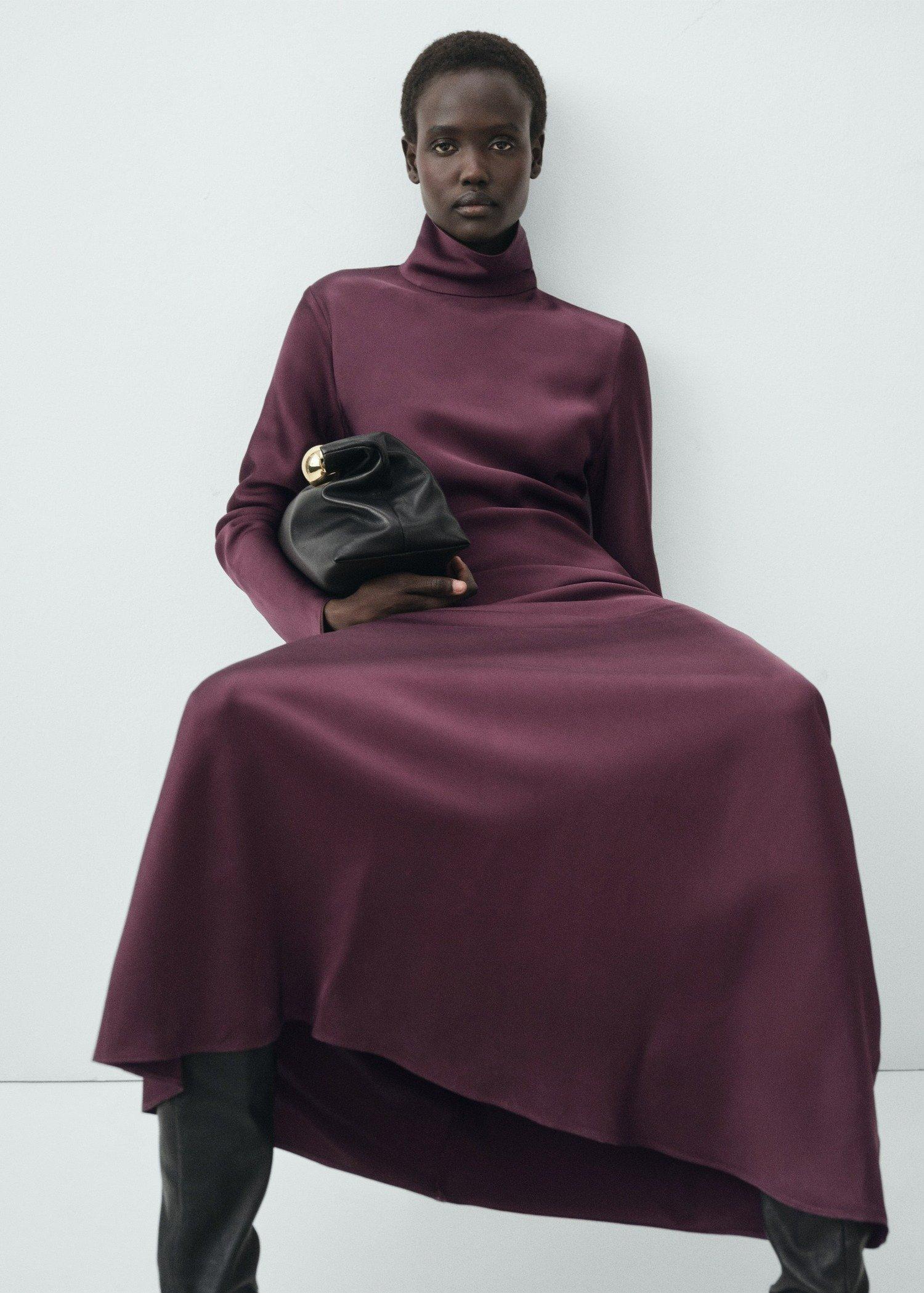 Burgundy High-Neck Satin Dress, , large image number 1