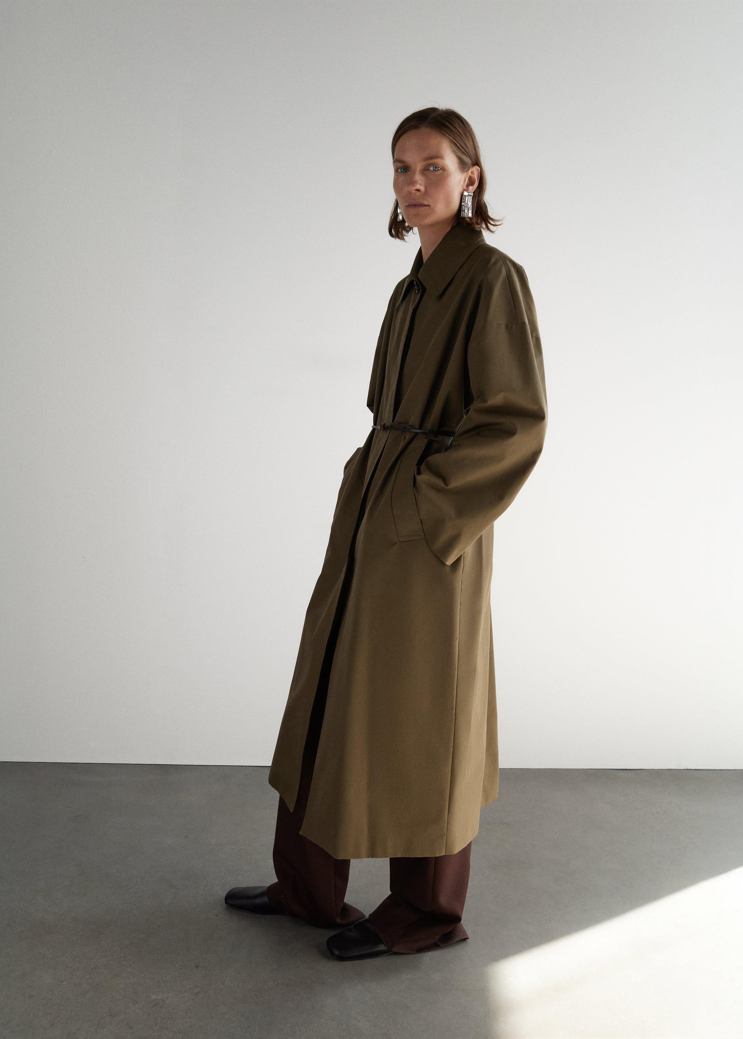 Brown Long Cotton Trench Coat With Concealed Buttons, 0201_35, medium