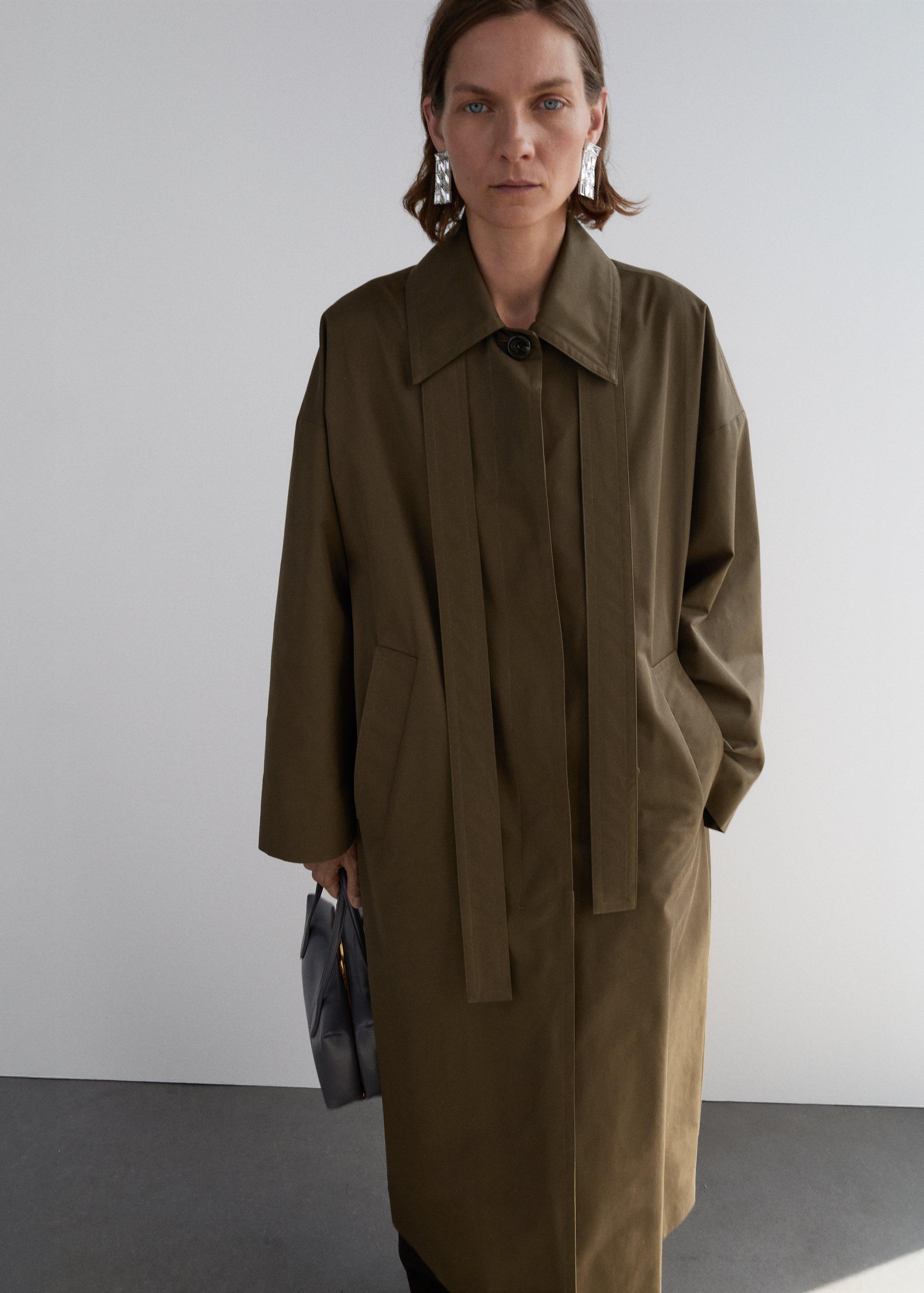 Brown Long Cotton Trench Coat With Concealed Buttons, , large image number 3