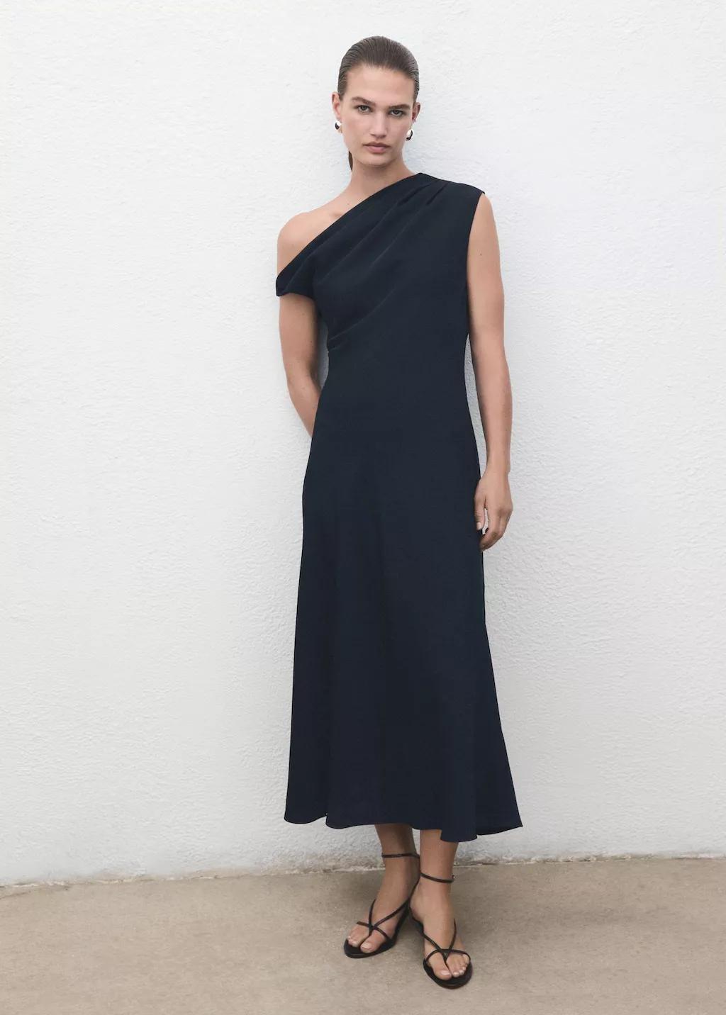 Navy A-Line Dress With Asymmetrical Neckline, 0201_56, large image number 0