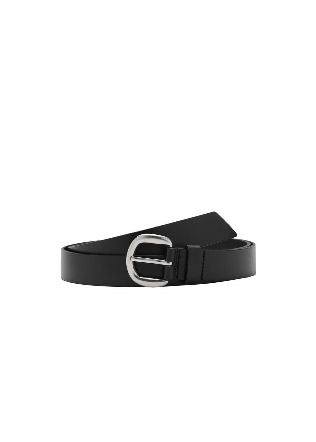 Black Rounded Buckle Leather Belt, 0201_99, medium