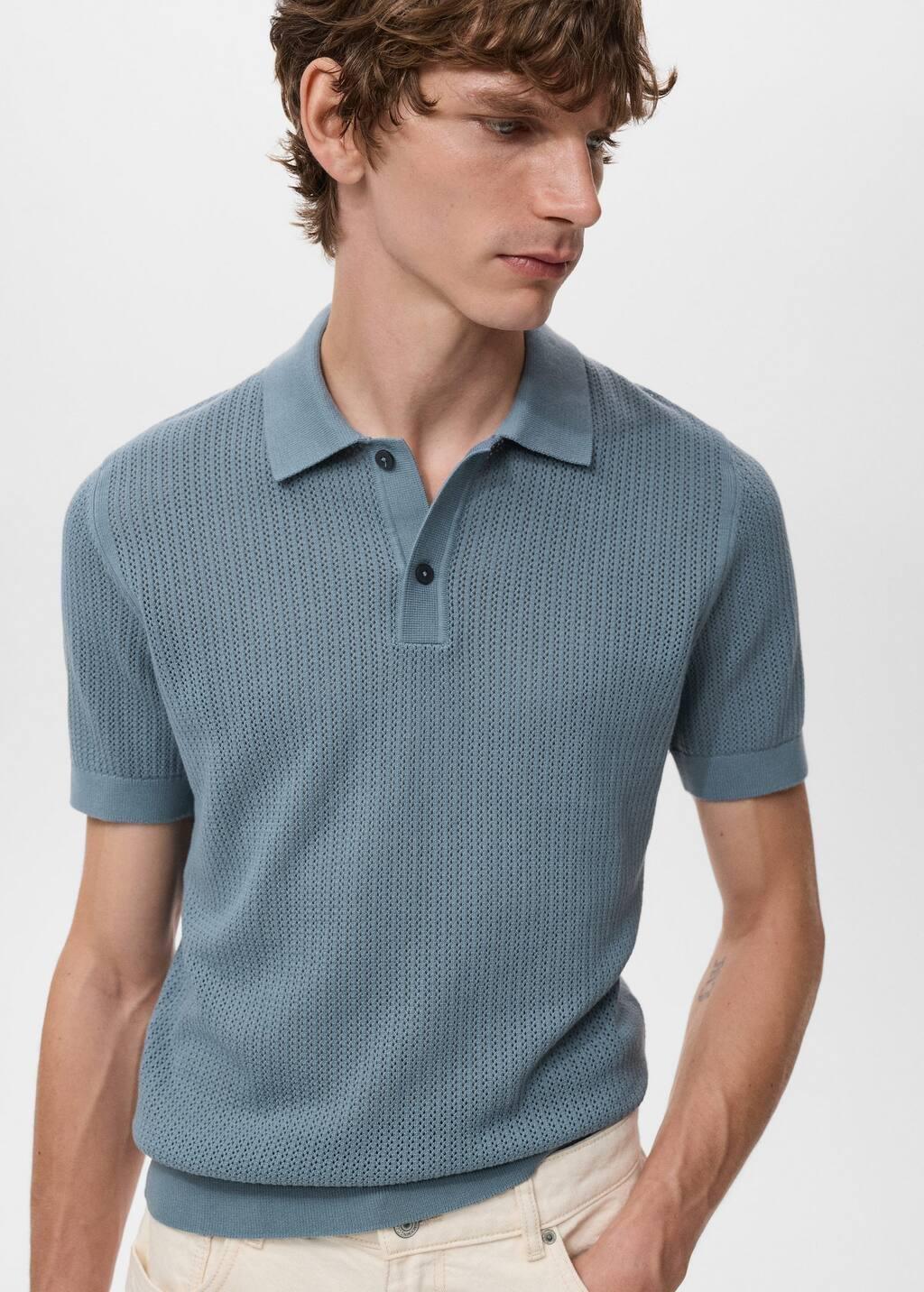 Blue Openwork Knitted Cotton Polo Shirt, Medium Blue, large image number 4