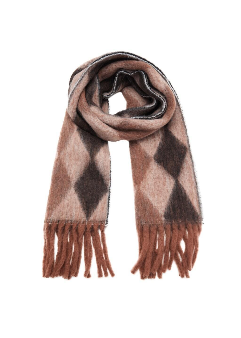 Brown Argyle Scarf With Fringes, Brown, large image number 1