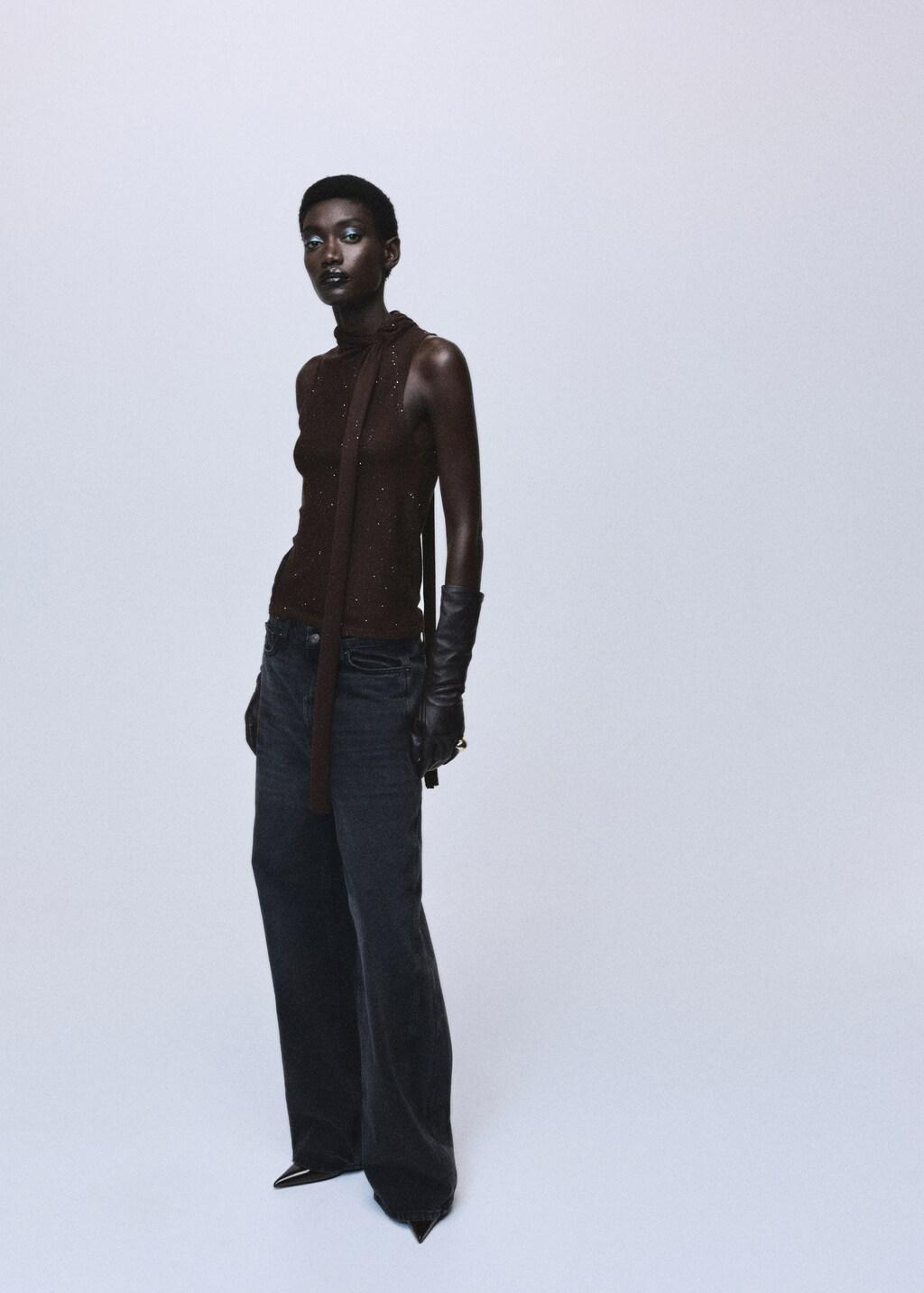 BROWN Shiny top with foulard, Brown, medium