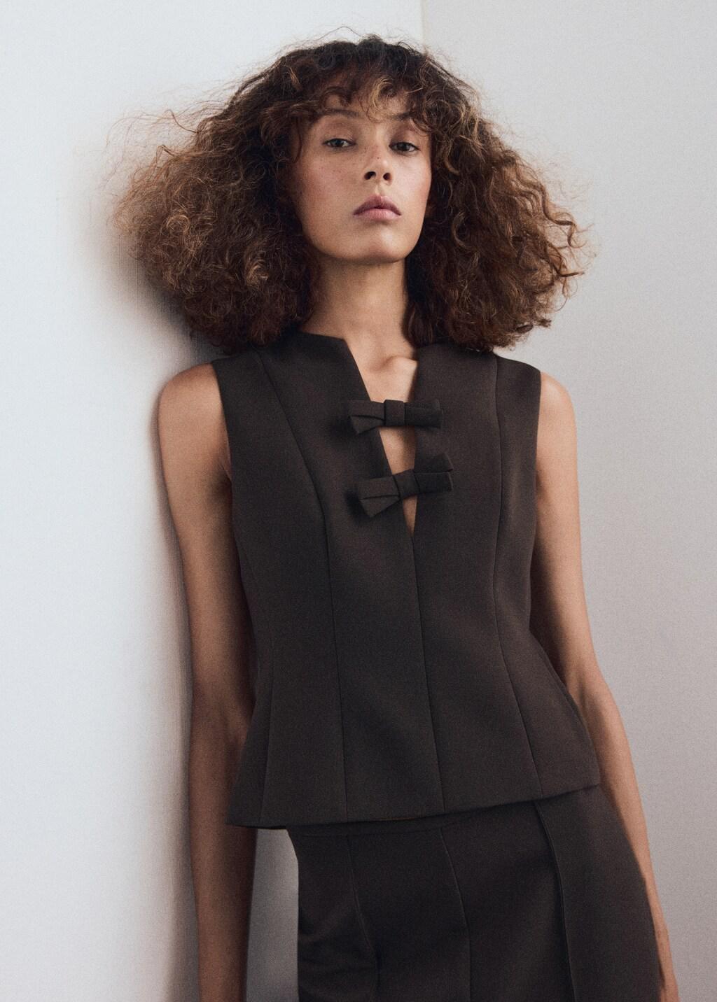 Brown V-Neck Blouse With Bows, Brown, large image number 3