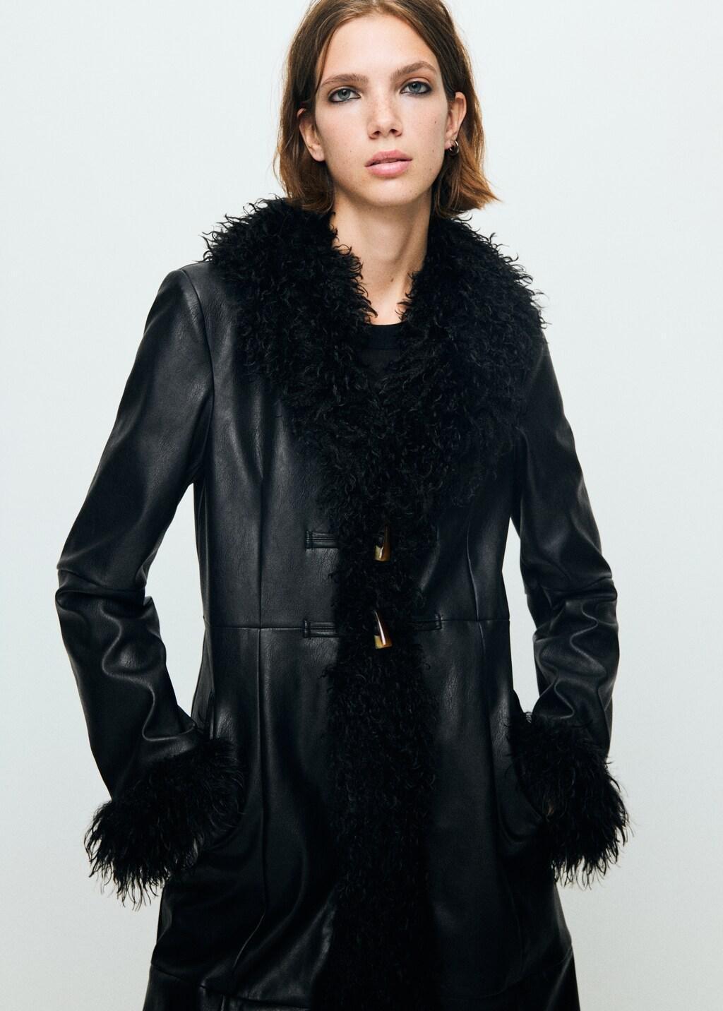 Black Faux-Leather Coat With Fur Trim, 0201_99, large image number 3