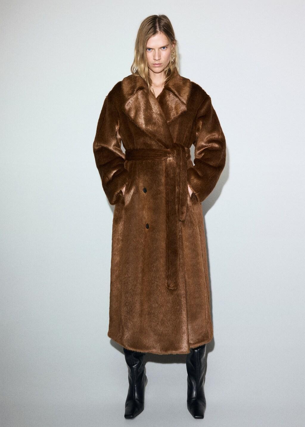MEDIUM BROWN Fur-effect coat with belt, Medium Brown, large image number 0