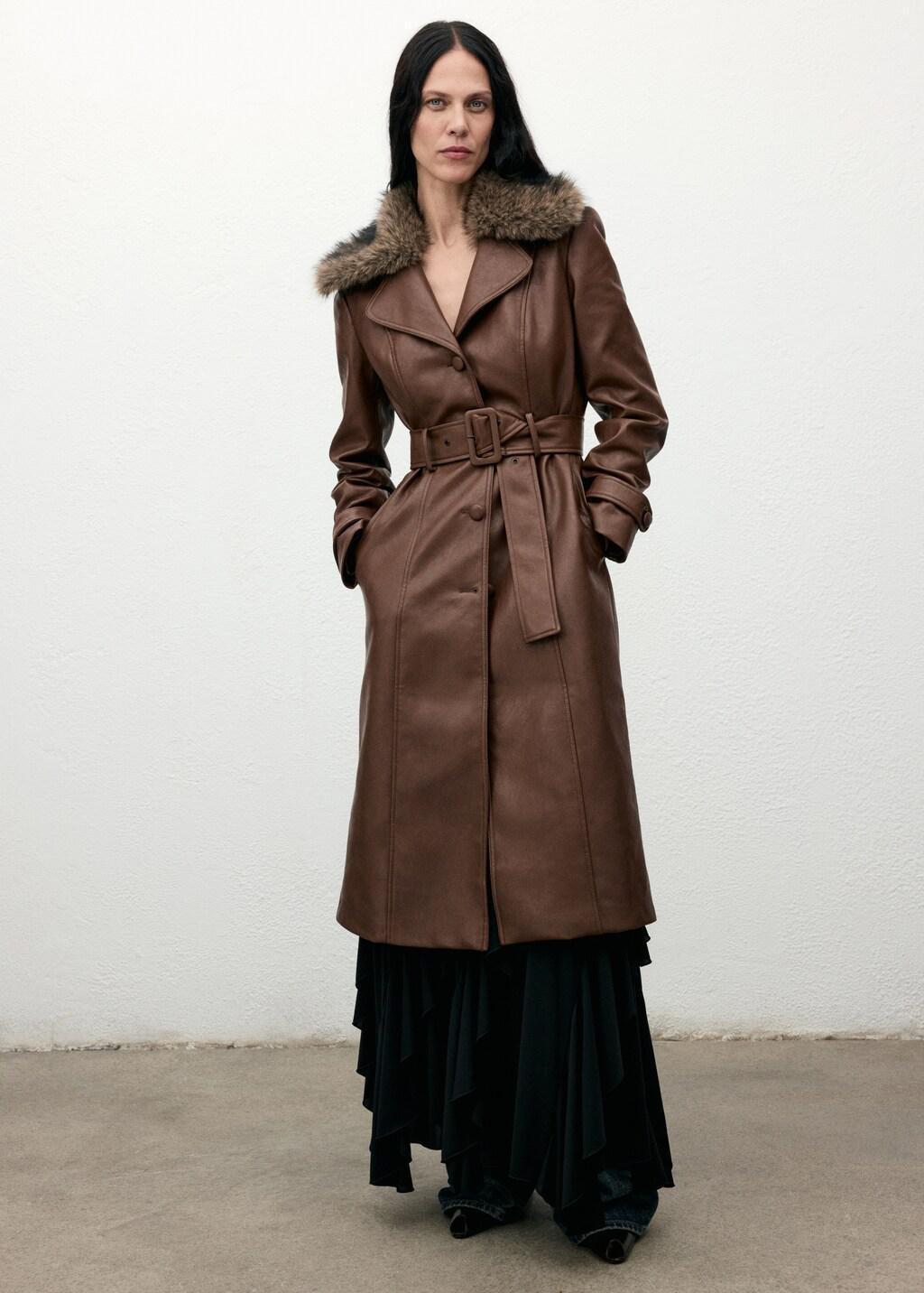 MEDIUM BROWN Faux-leather coat with fur collar, Medium Brown, large image number 0