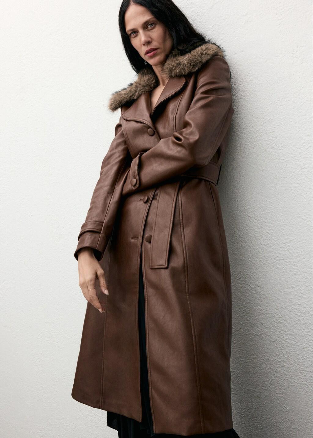 MEDIUM BROWN Faux-leather coat with fur collar, Medium Brown, large image number 3