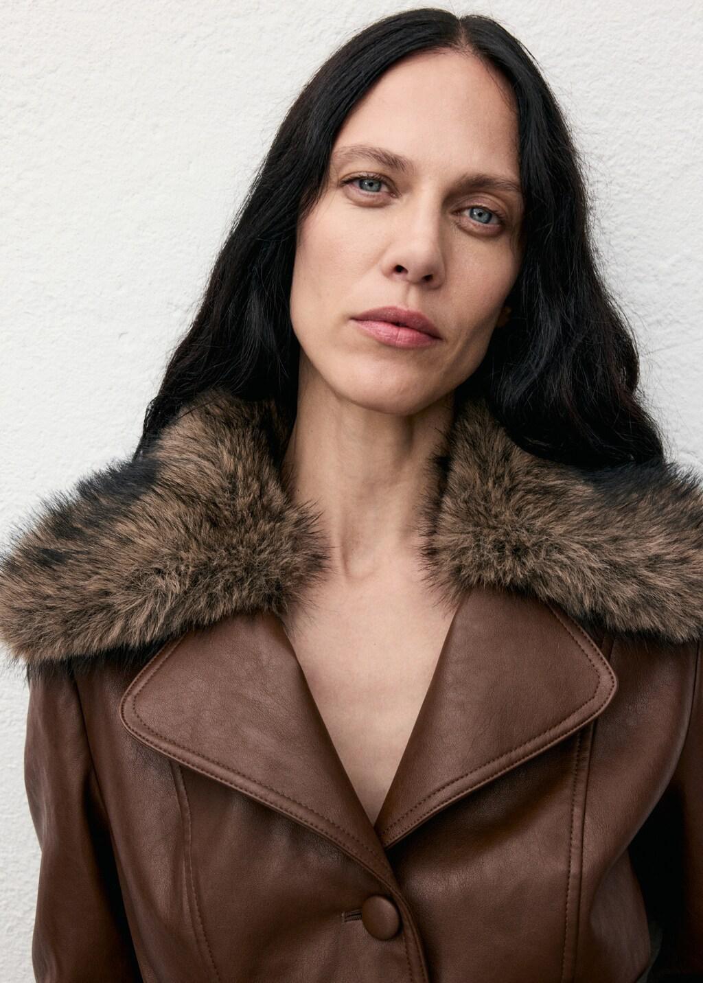 MEDIUM BROWN Faux-leather coat with fur collar, Medium Brown, large image number 4