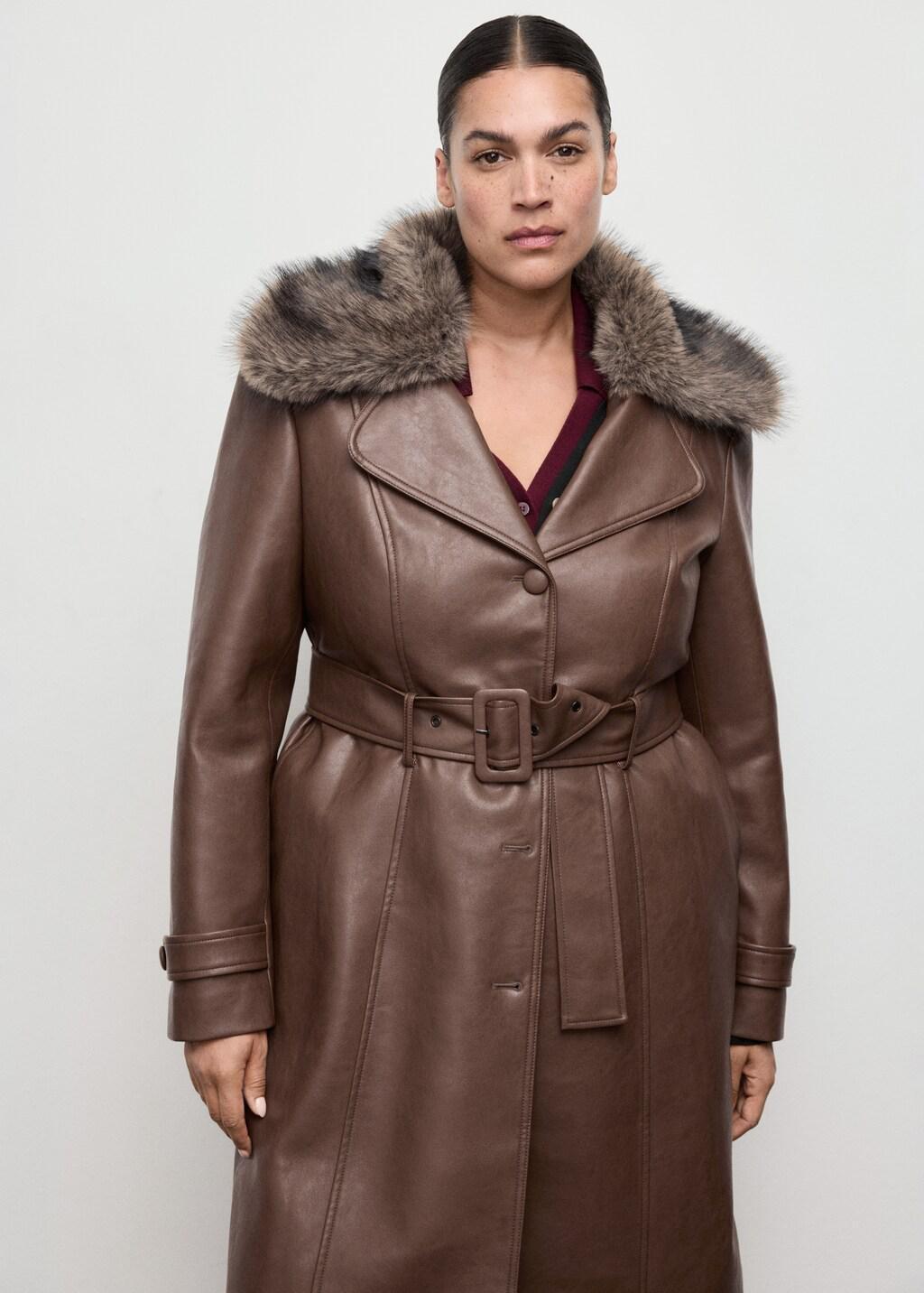MEDIUM BROWN Faux-leather coat with fur collar, Medium Brown, large image number 6