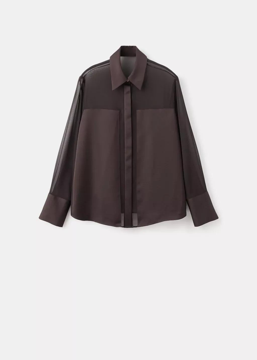 Brown Semi-Transparent Blouse With Patches, Dark Brown, large image number 6