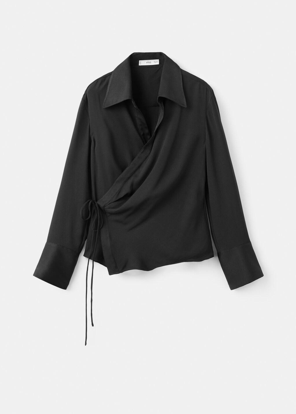 Black Cross-Over Satin Blouse, Black, large image number 7