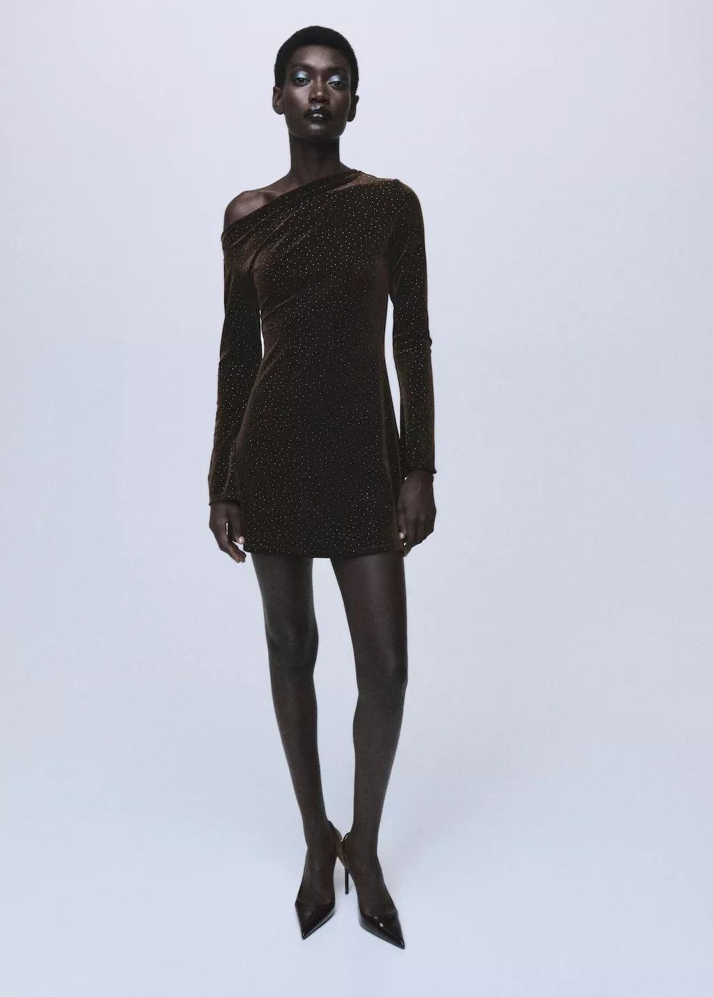 Asymmetrical Velvet Dress With Shiny Details, 0201_30, large image number 0