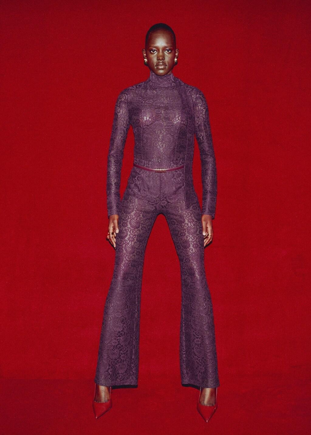 Red Straight-Fit Lace Trousers, Dark Red, large image number 0