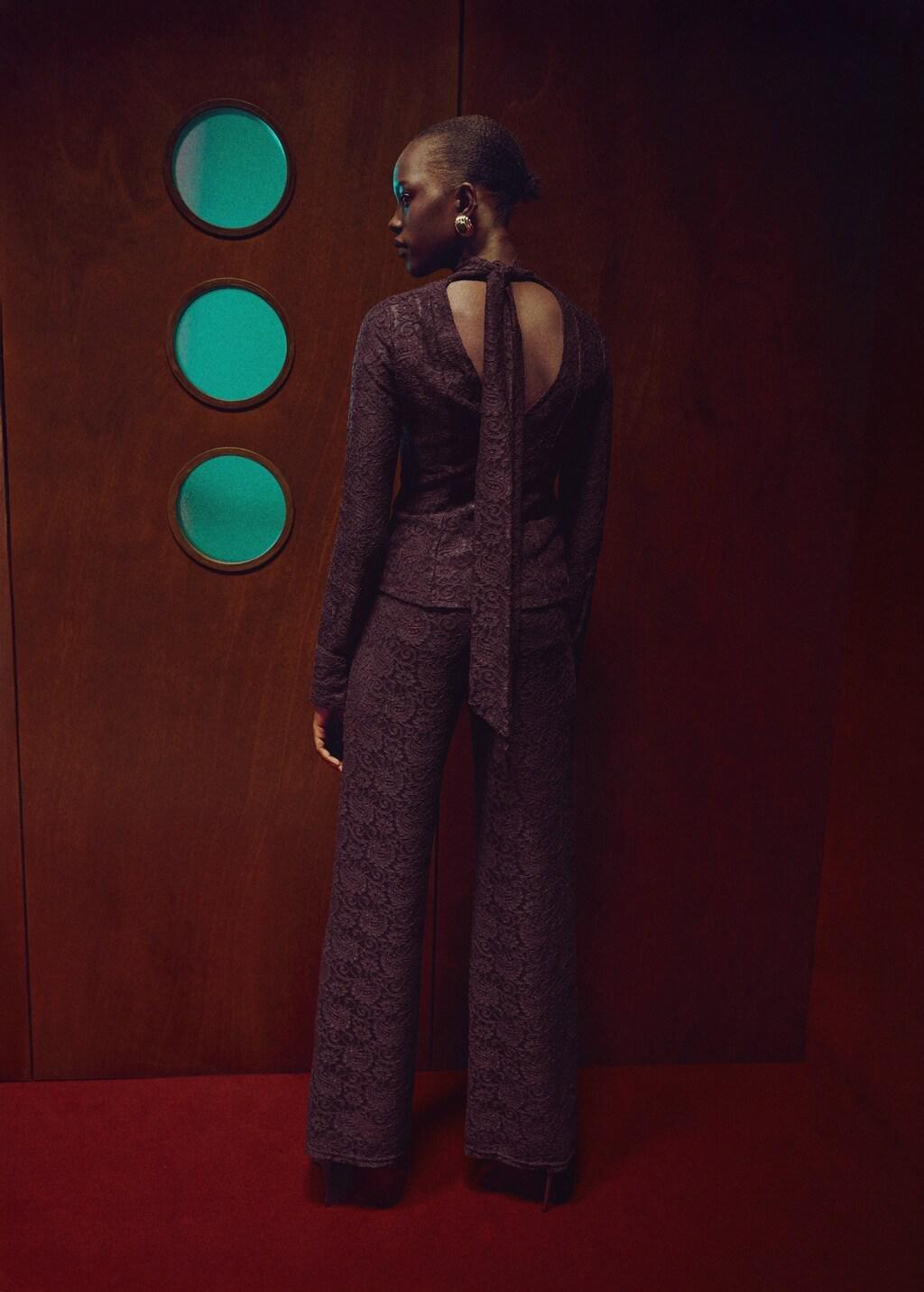 Red Straight-Fit Lace Trousers, Dark Red, large image number 2