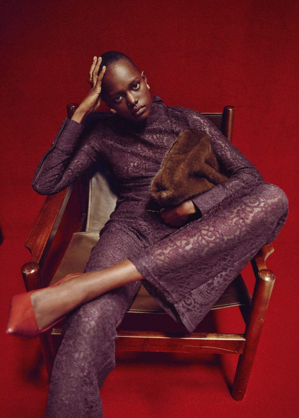 Red Straight-Fit Lace Trousers, Dark Red, large image number 4