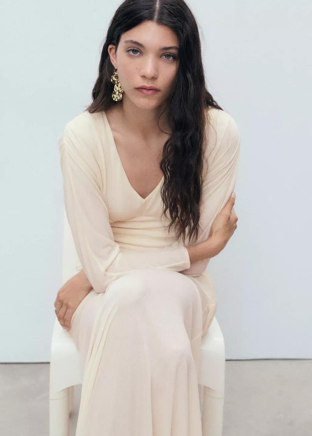 Cream Long Draped Dress, , large image number 3
