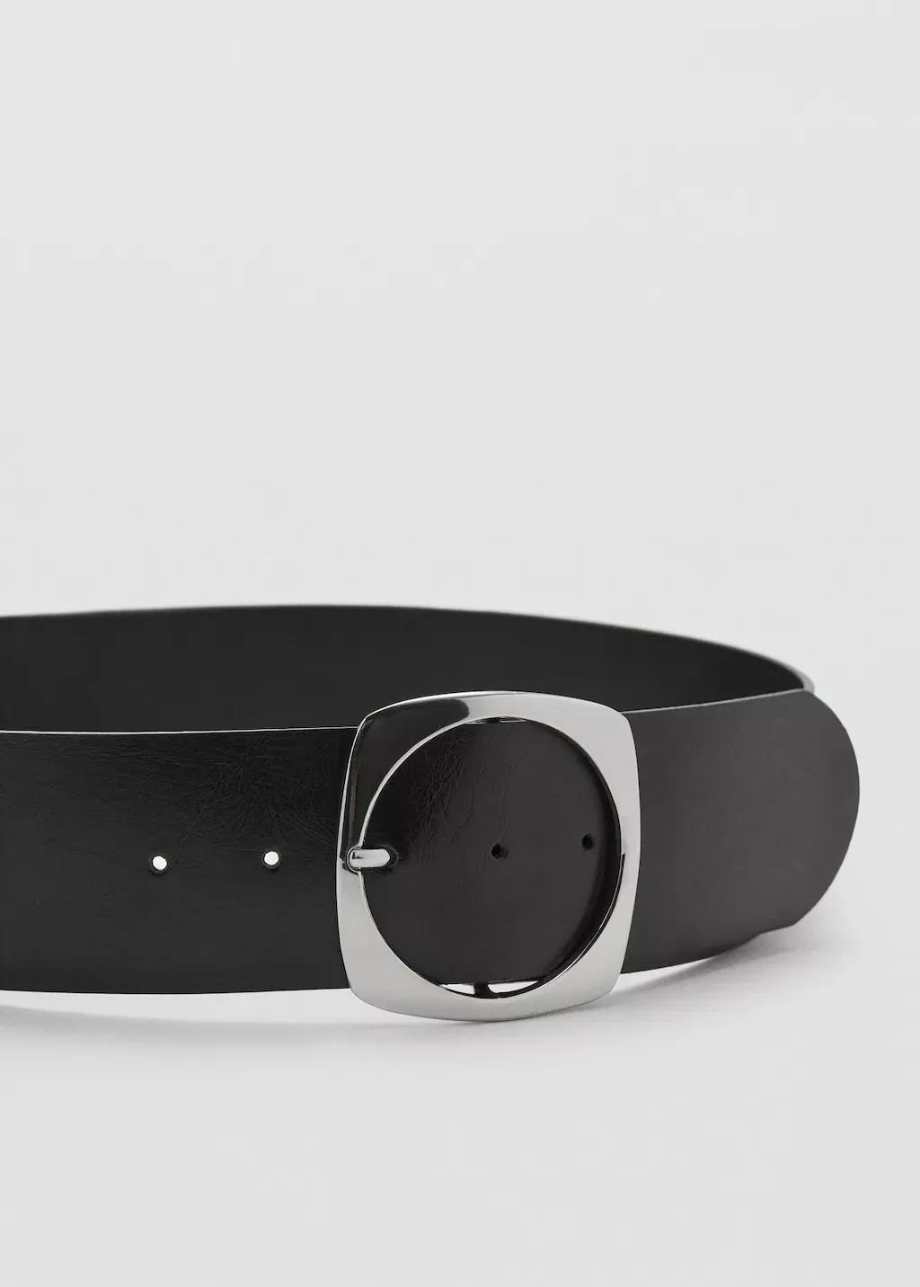 Black Leather Belt With Oval Buckle, , medium