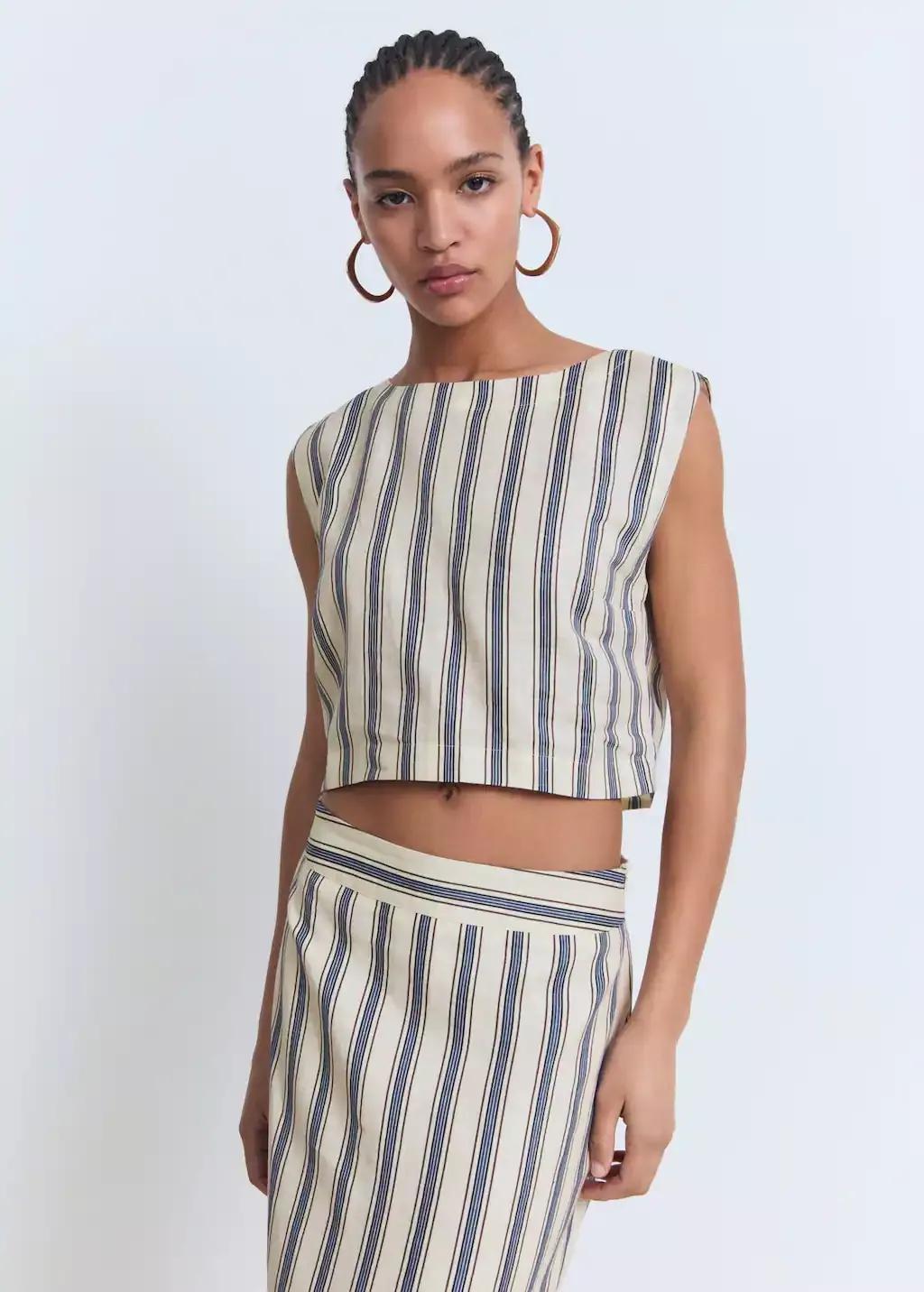 Cream Striped Linen Top, , large image number 0