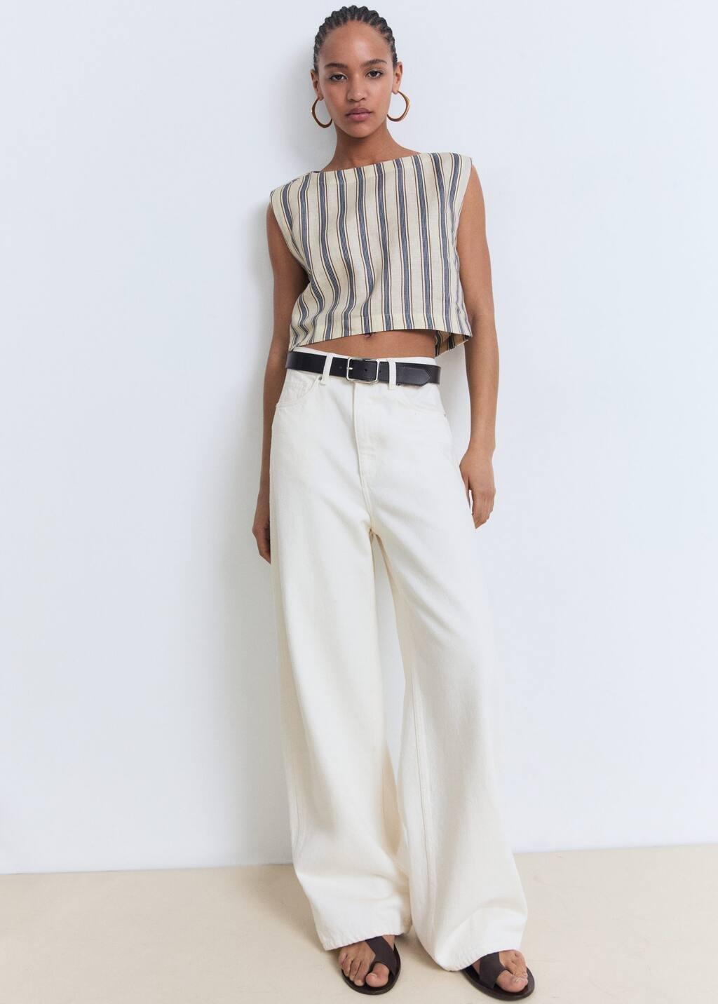 Cream Striped Linen Top, , large image number 1