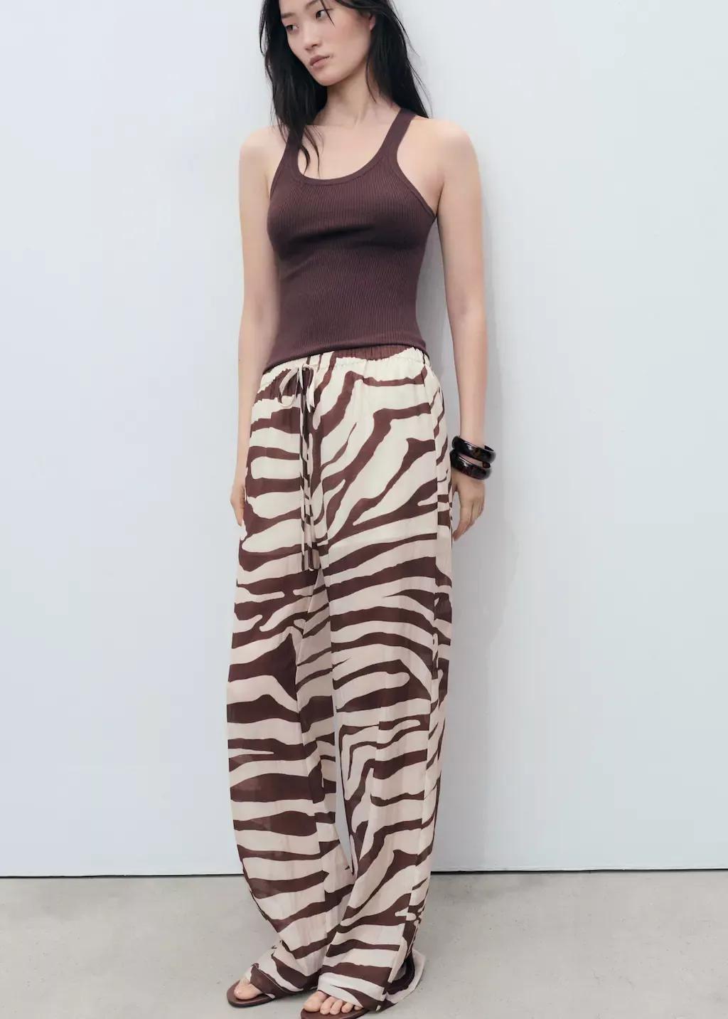 Brown Zebra-Print Fluid Trousers, , large image number 4