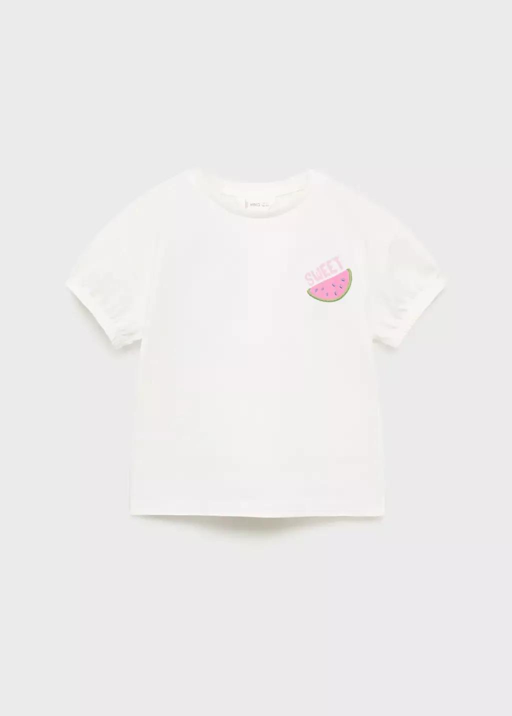 Cream Embroidered Printed T-Shirt, Kids Girls, , large image number 0