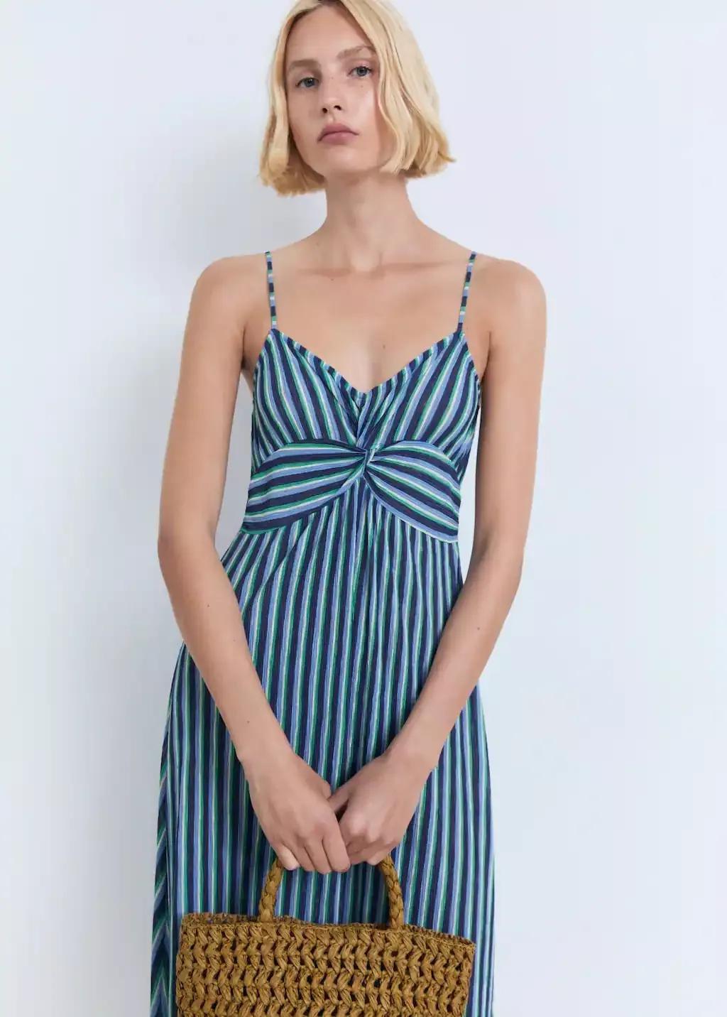Blue Striped Gathered Dress, , large image number 0