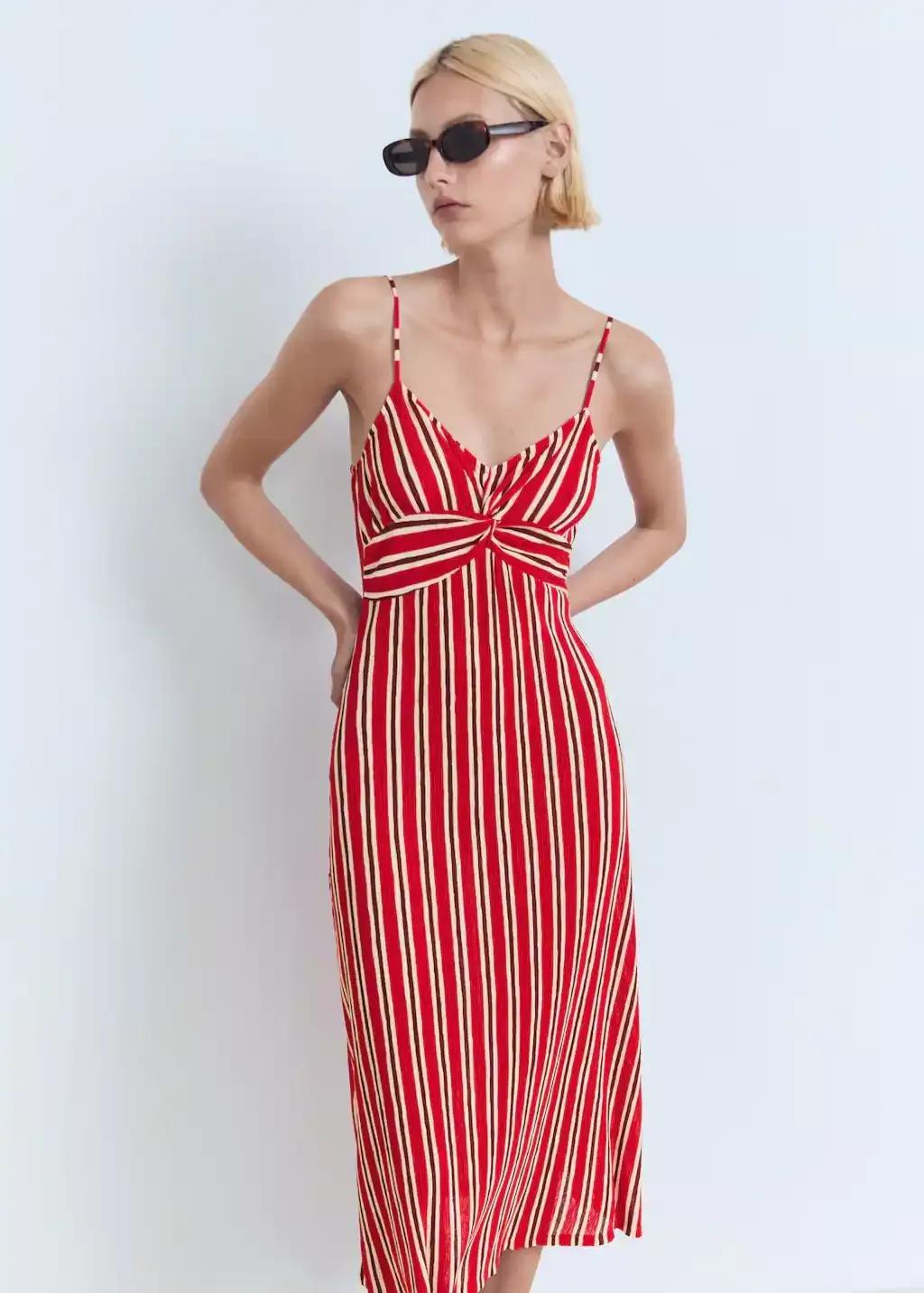 Red Striped Gathered Dress, , large image number 0