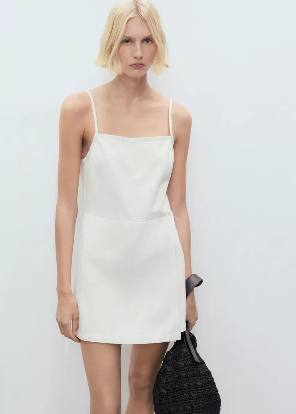 White Short Denim Pinafore, , large image number 0