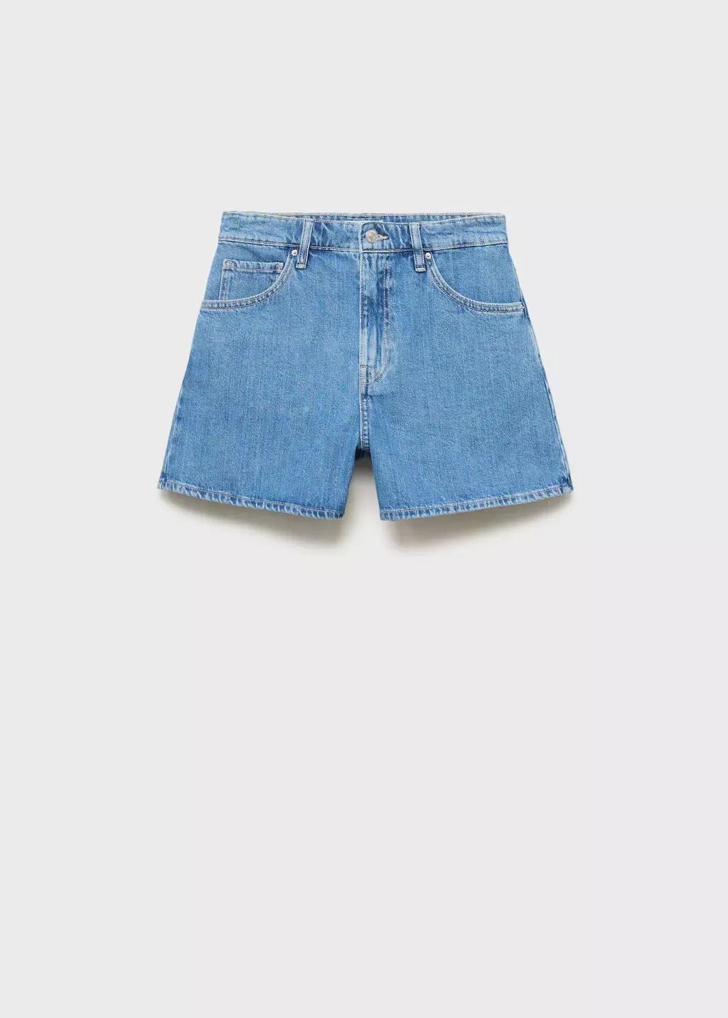 Blue High-Waisted Straight-Fit Denim Shorts, 0201_TM, large image number 3