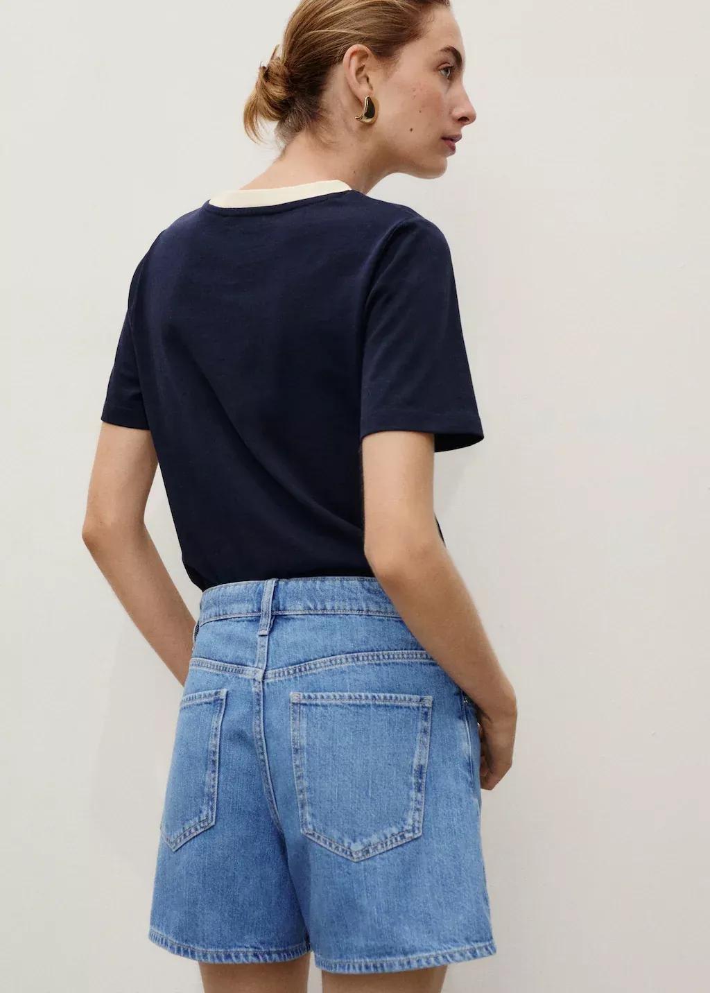 Blue High-Waisted Straight-Fit Denim Shorts, 0201_TM, large image number 4