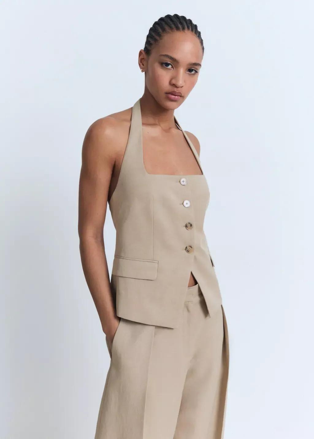 Beige Linen-Blend Suit Waistcoat, , large image number 0