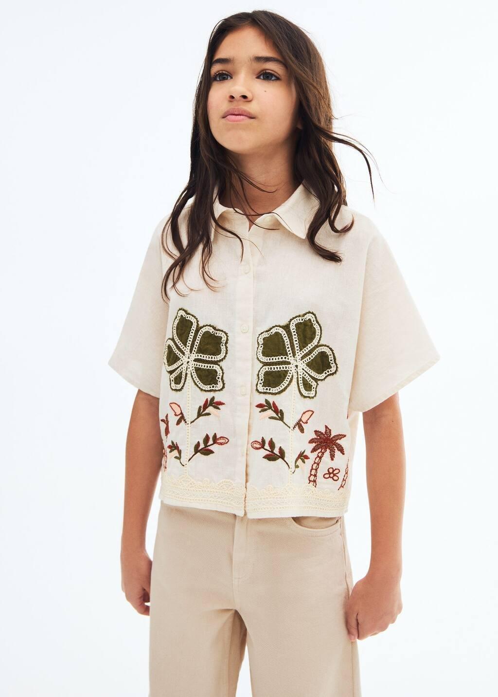 Cream Linen Shirt Embroidered With Flowers, Kids Girls, , large image number 0