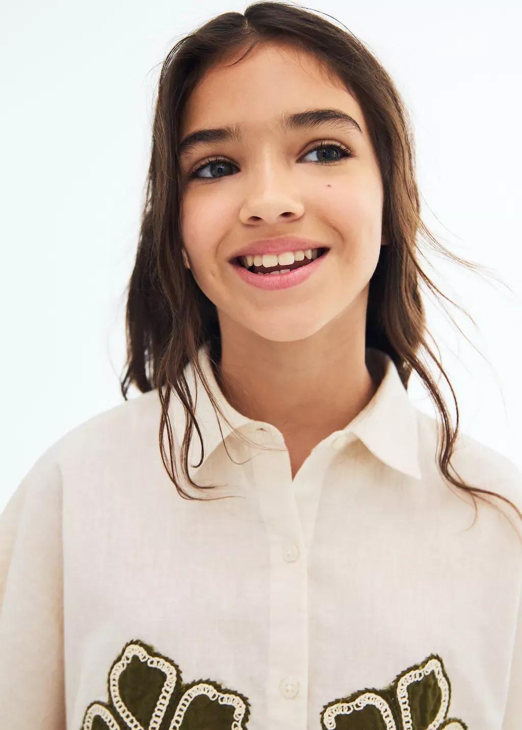 Cream Linen Shirt Embroidered With Flowers, Kids Girls, , large image number 1
