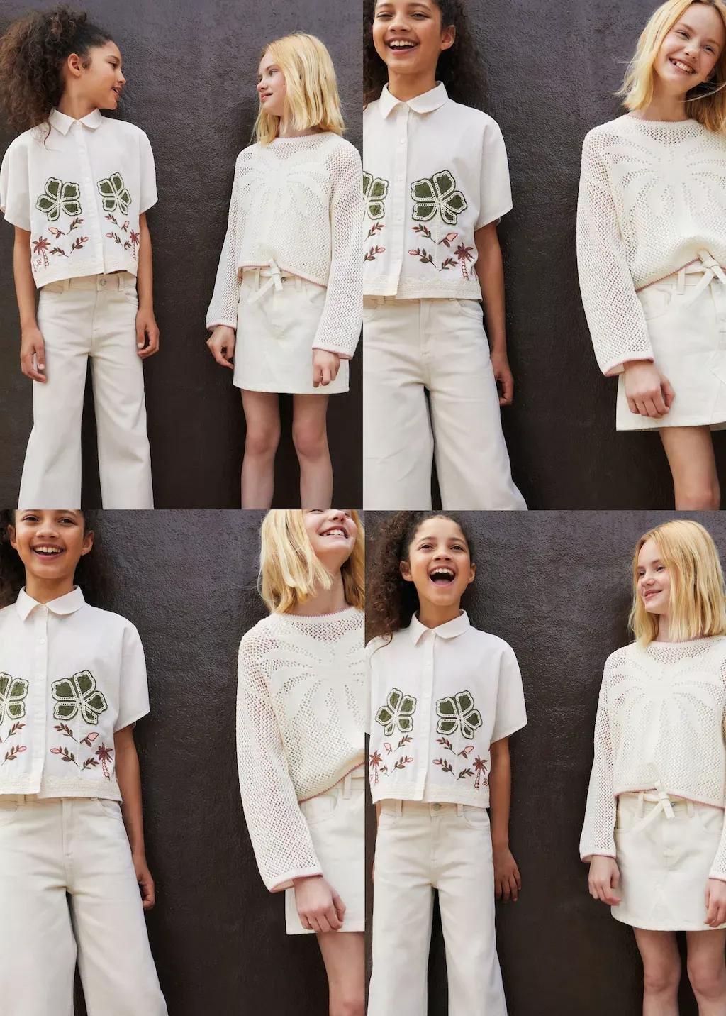 Cream Linen Shirt Embroidered With Flowers, Kids Girls, , large image number 3