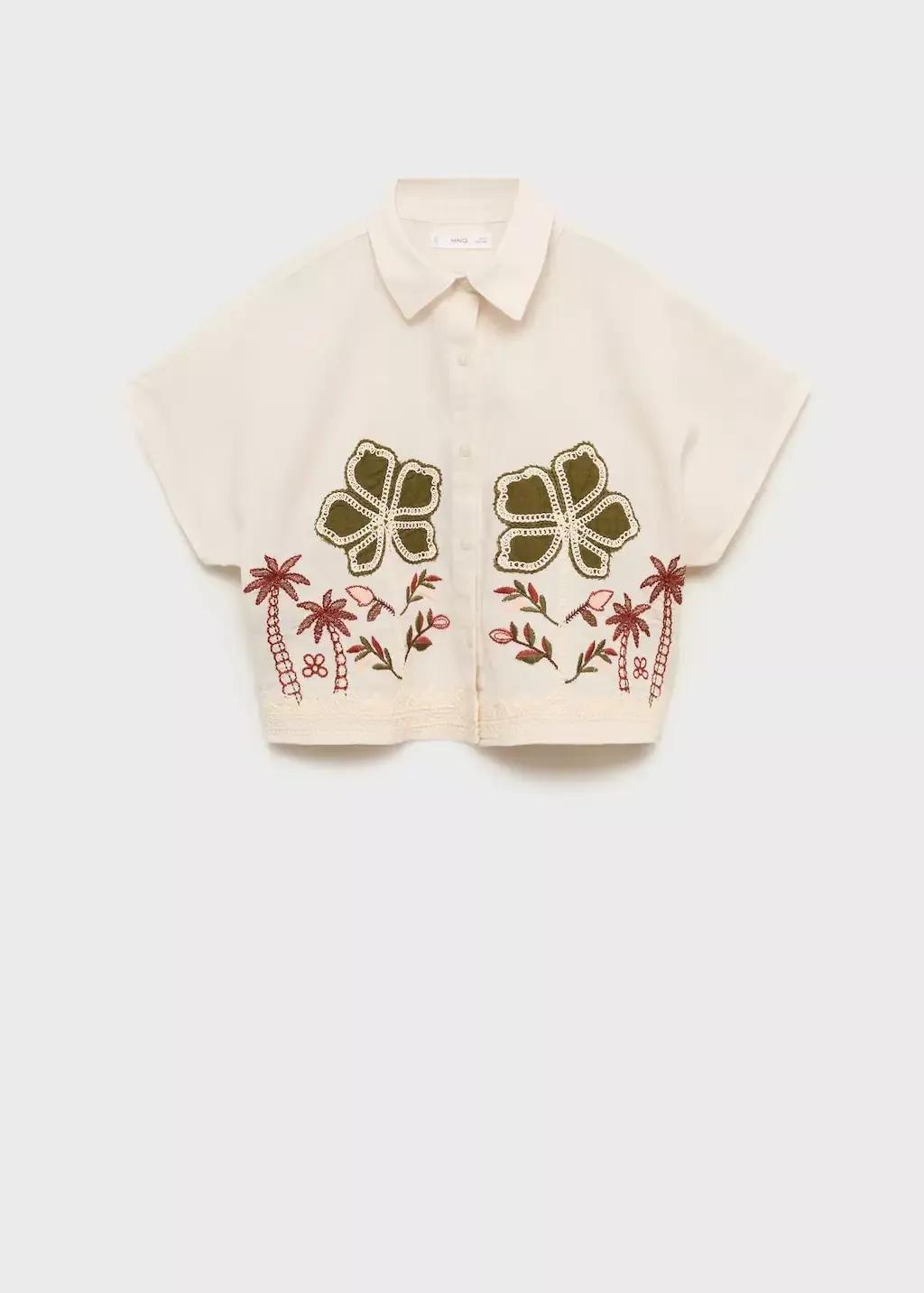 Cream Linen Shirt Embroidered With Flowers, Kids Girls, , large image number 4