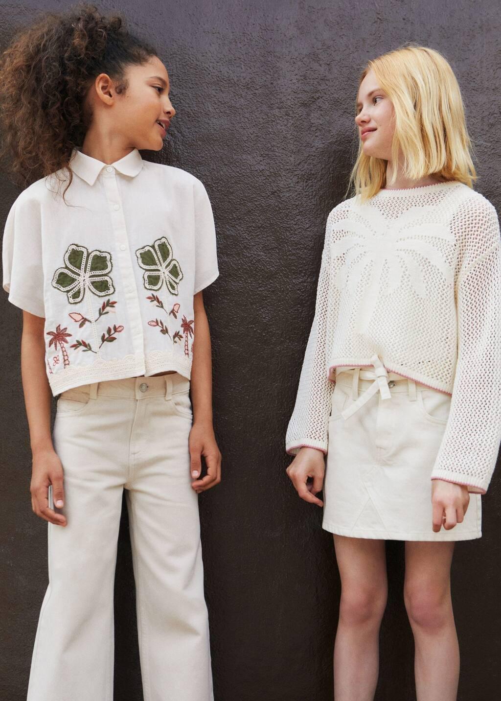 Cream Linen Shirt Embroidered With Flowers, Kids Girls, , large image number 6