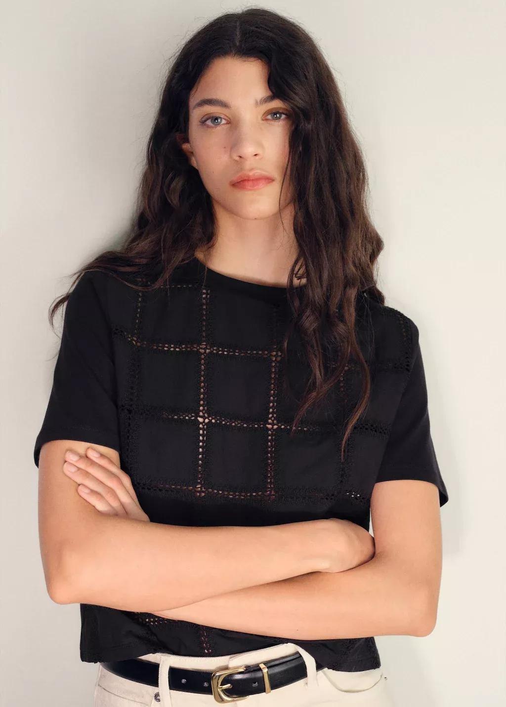 Black Embroidered Detail T-Shirt, , large image number 0