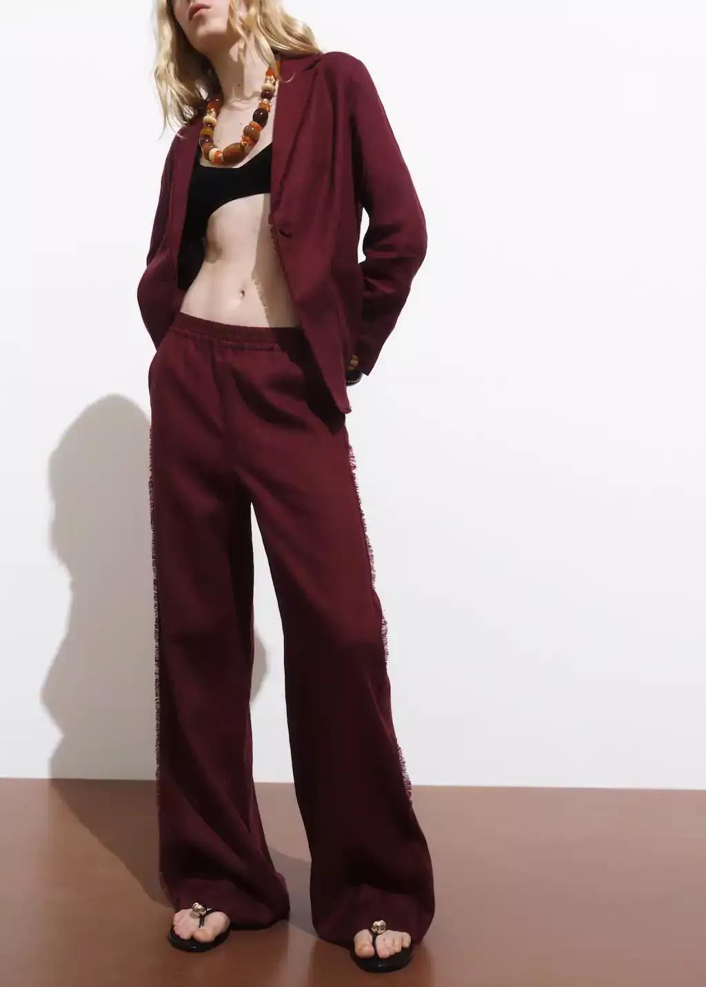 Burgundy Linen Suit Trousers With Frayed Ends, , large image number 0