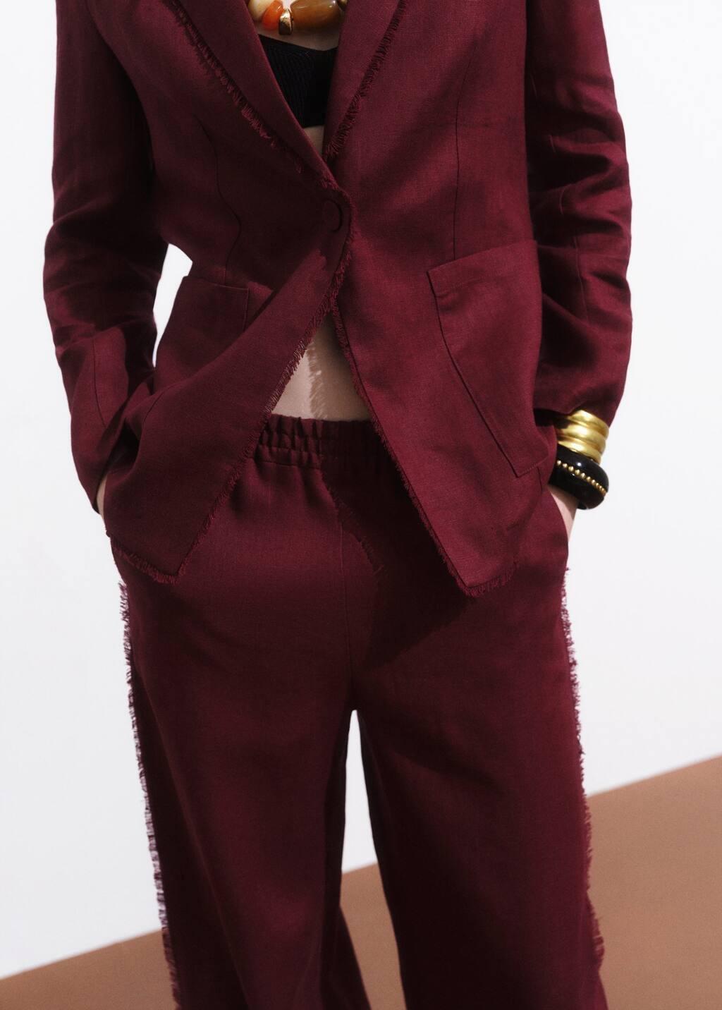 Burgundy Linen Suit Trousers With Frayed Ends, , large image number 2