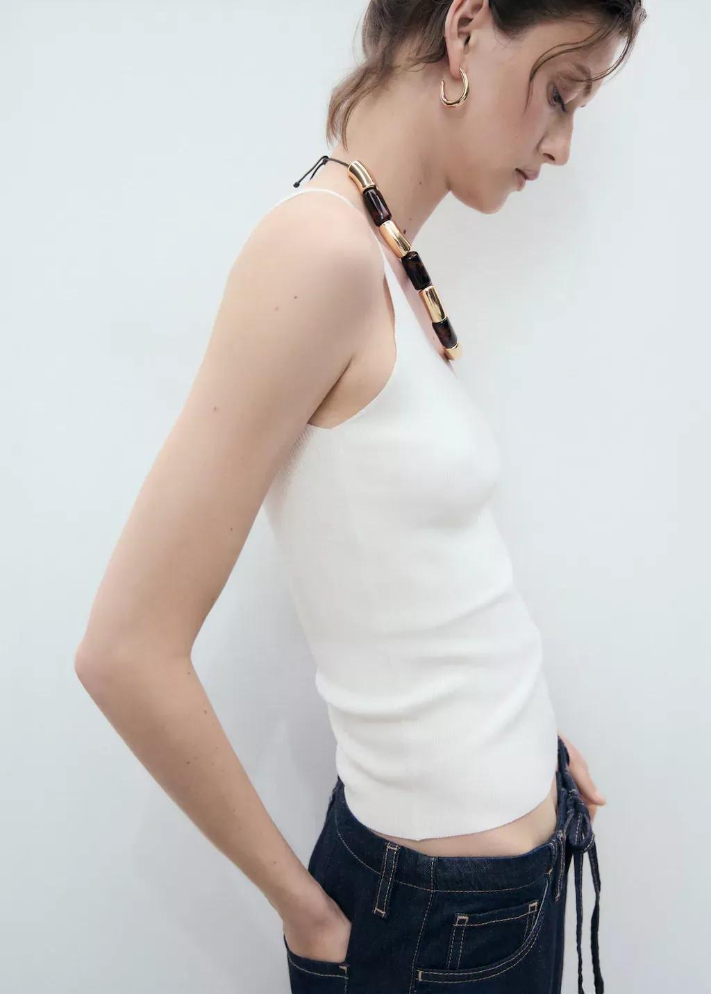 Cream V-Neck Knitted Top, Light Beige, medium