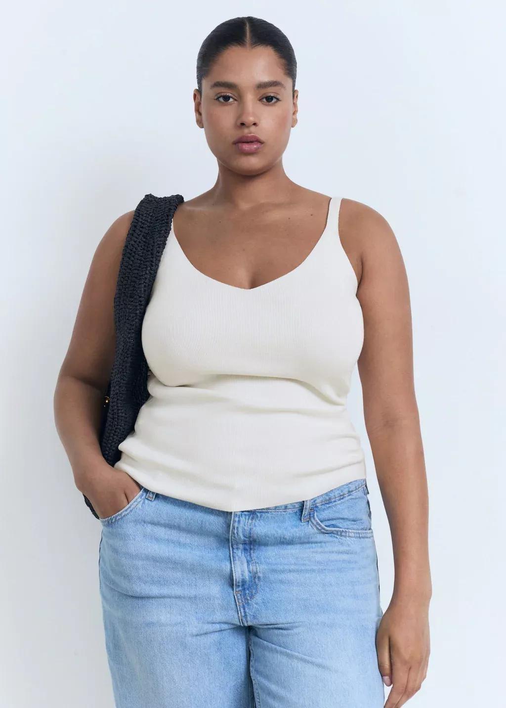 Cream V-Neck Knitted Top, Light Beige, large image number 6