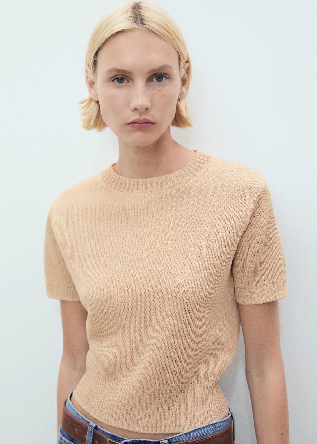 Beige Short-Sleeved Crop Sweater, , large image number 0