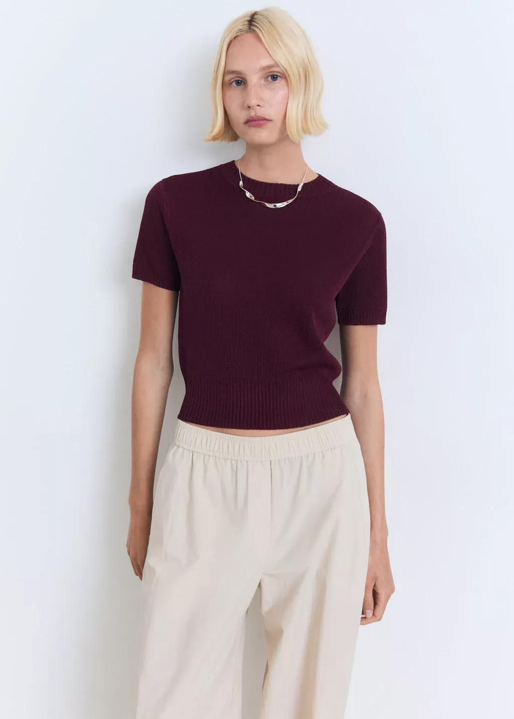 Burgundy Short-Sleeved Crop Sweater, , large image number 0