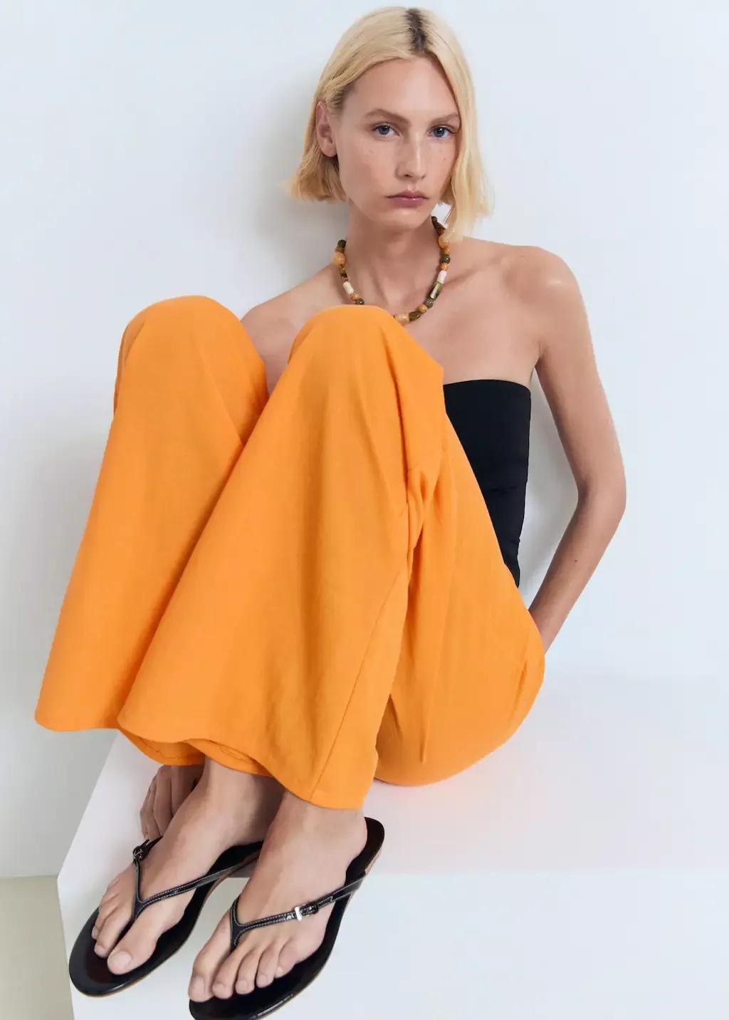 Orange Flowy Straight-Fit Trousers, , large image number 2