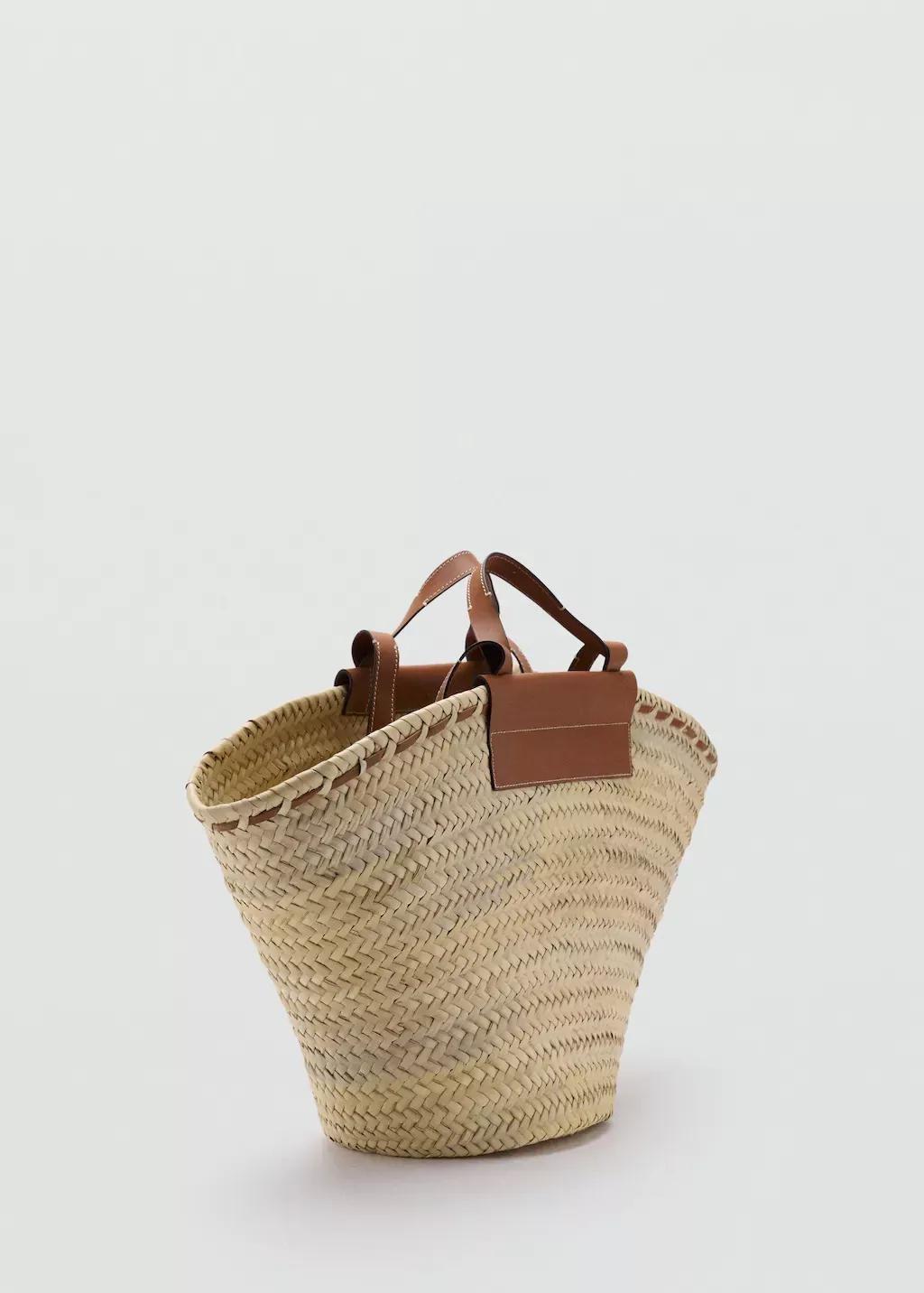 MEDIUM BROWN Large natural fibre basket with leather handle, Medium Brown, large image number 0
