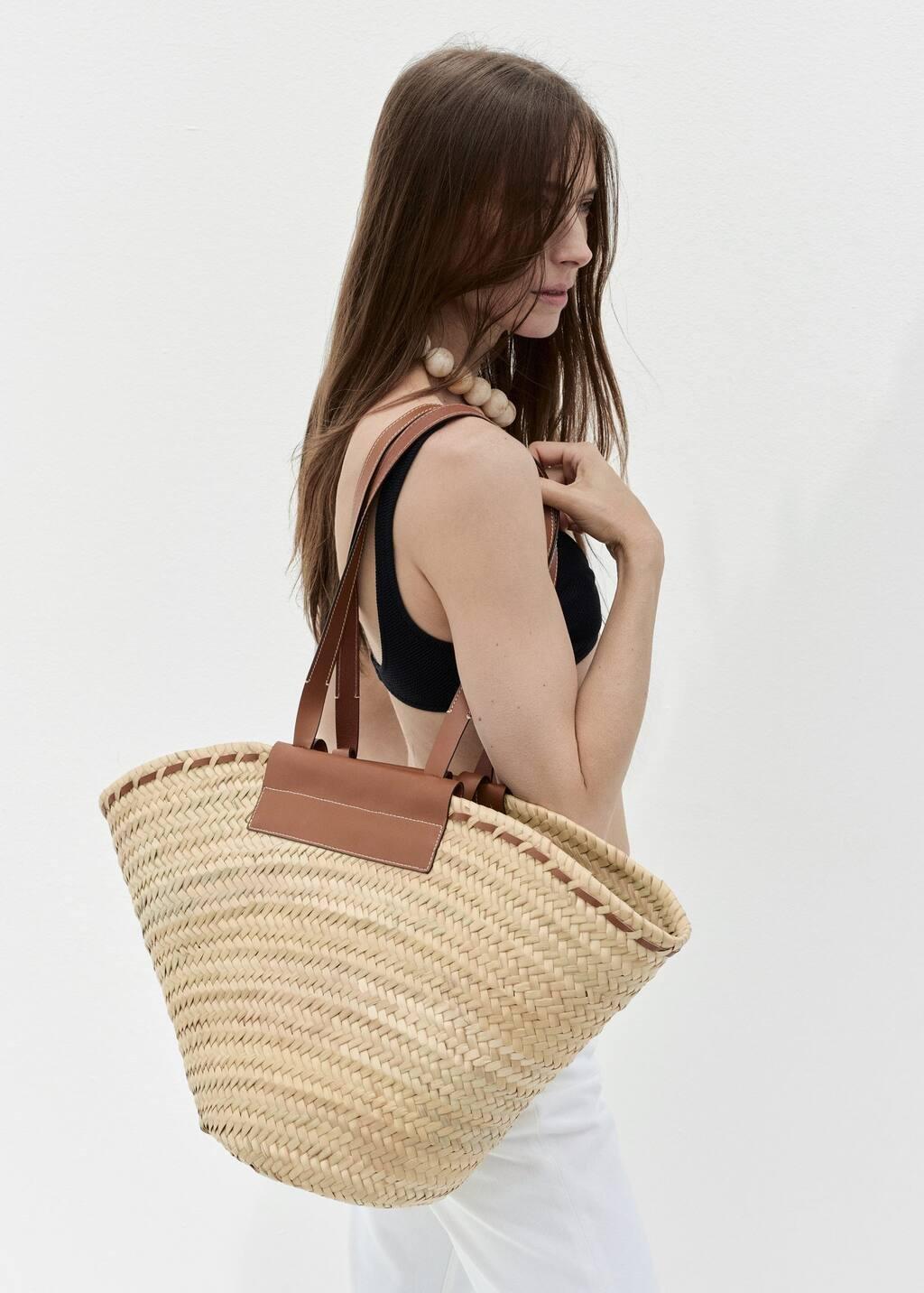 MEDIUM BROWN Large natural fibre basket with leather handle, Medium Brown, large image number 6